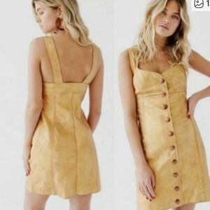 NWT Free People GOLD Genuine Leather Sweetheart Neckline Button Mini Dress